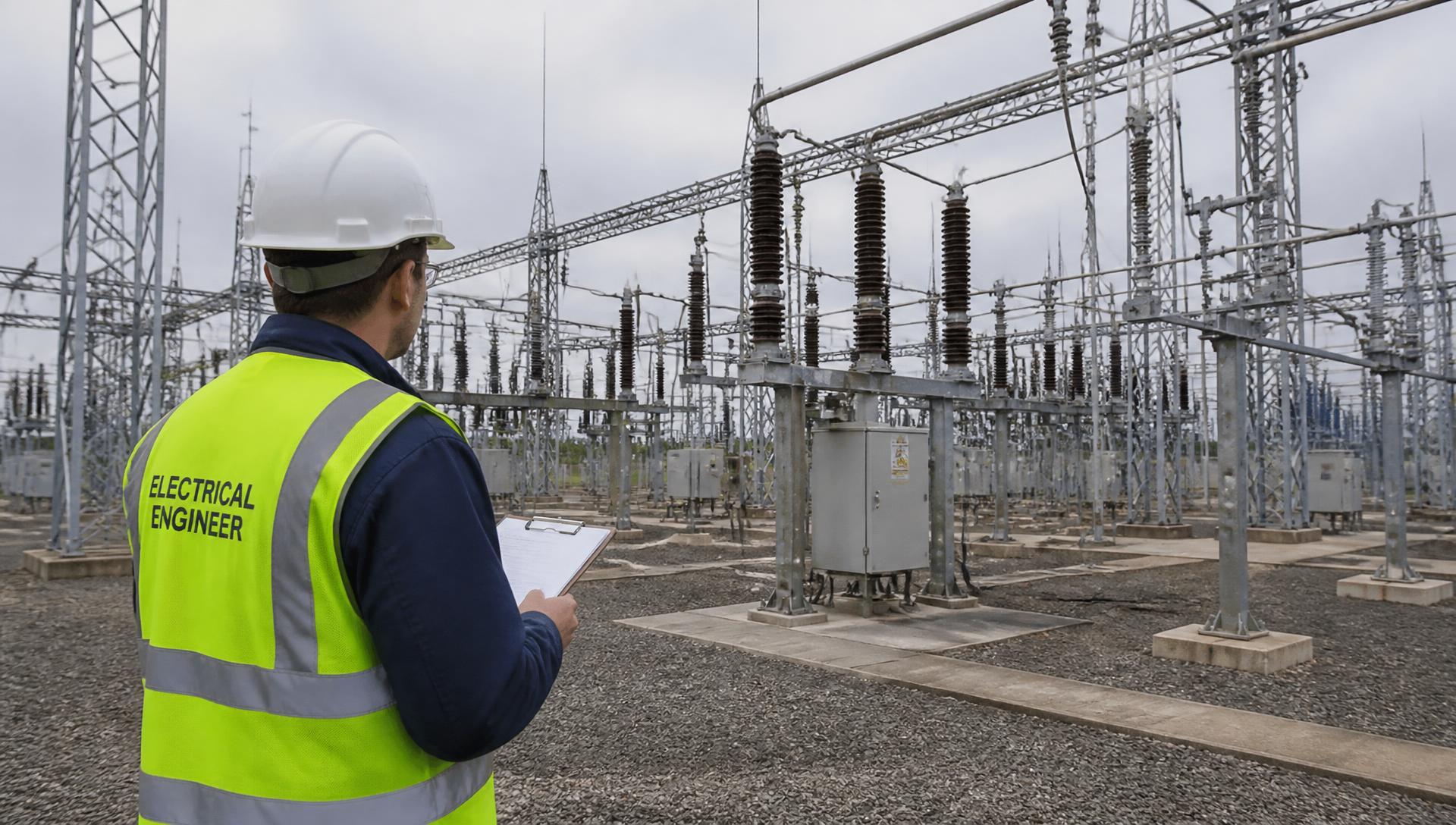 Electrical engineer inspecting equipment at a high voltage substation
